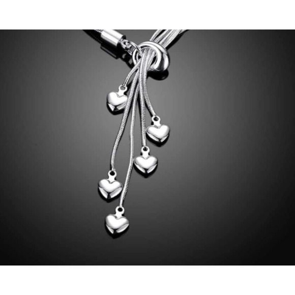 Italian Sterling Silver 5 Chains 5 Five-Heart Necklace 21.6" Heart Necklace - Picture 2 of 6